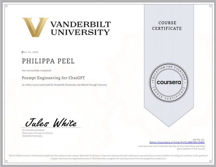 Vanderbilt University Prompt Engineering for ChatGPT certificate