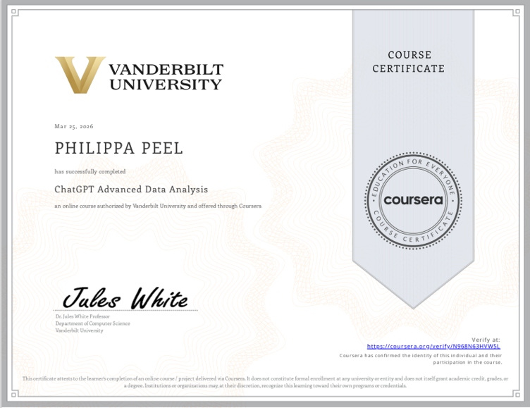 Vanderbilt University ChatGPT Advanced Data Analysis certificate